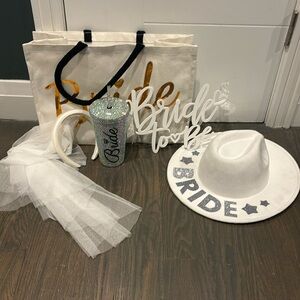 Bride Gift Set: Bag, Hat, Headband/Veil, Tumbler, & Sign